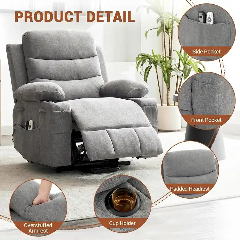 Fauteuil inclinable électrique surdimensionné avec fonction de levage, fauteuil inclinable pour personnes âgées avec chauffage et massage