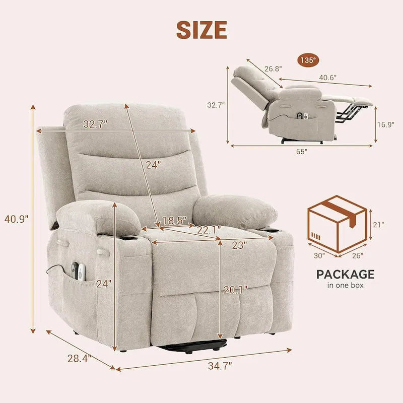 Fauteuil inclinable électrique surdimensionné avec fonction de levage, fauteuil inclinable pour personnes âgées avec chauffage et massage