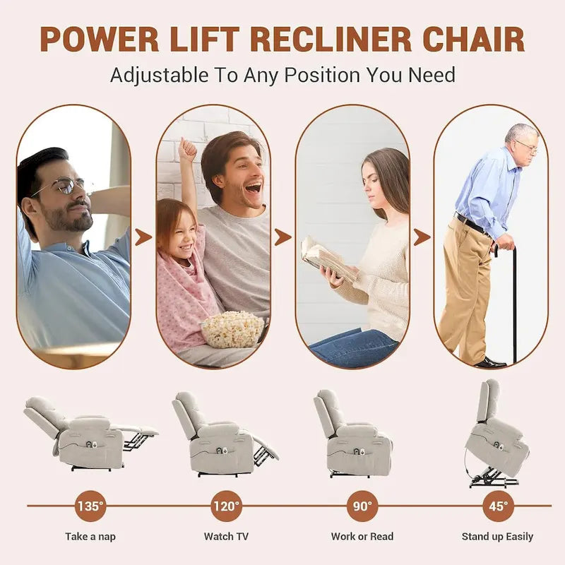 Fauteuil inclinable électrique surdimensionné avec fonction de levage, fauteuil inclinable pour personnes âgées avec chauffage et massage