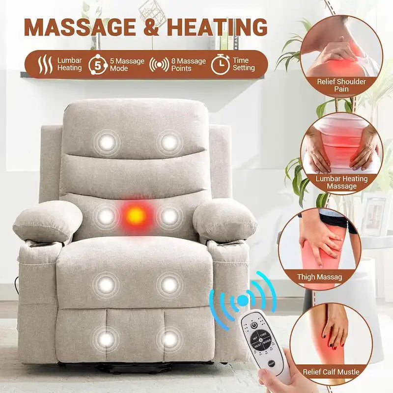 Fauteuil inclinable électrique surdimensionné avec fonction de levage, fauteuil inclinable pour personnes âgées avec chauffage et massage