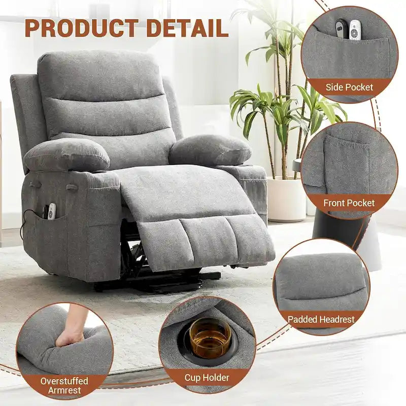 Fauteuil inclinable électrique surdimensionné avec fonction de levage, fauteuil inclinable pour personnes âgées avec chauffage et massage