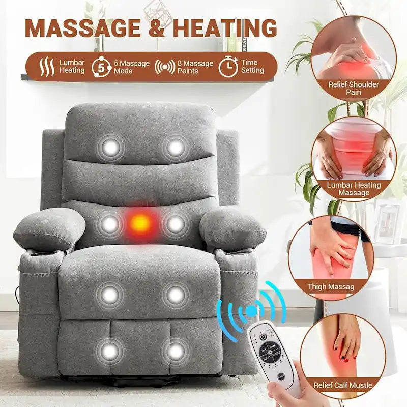 Fauteuil inclinable électrique surdimensionné avec fonction de levage, fauteuil inclinable pour personnes âgées avec chauffage et massage