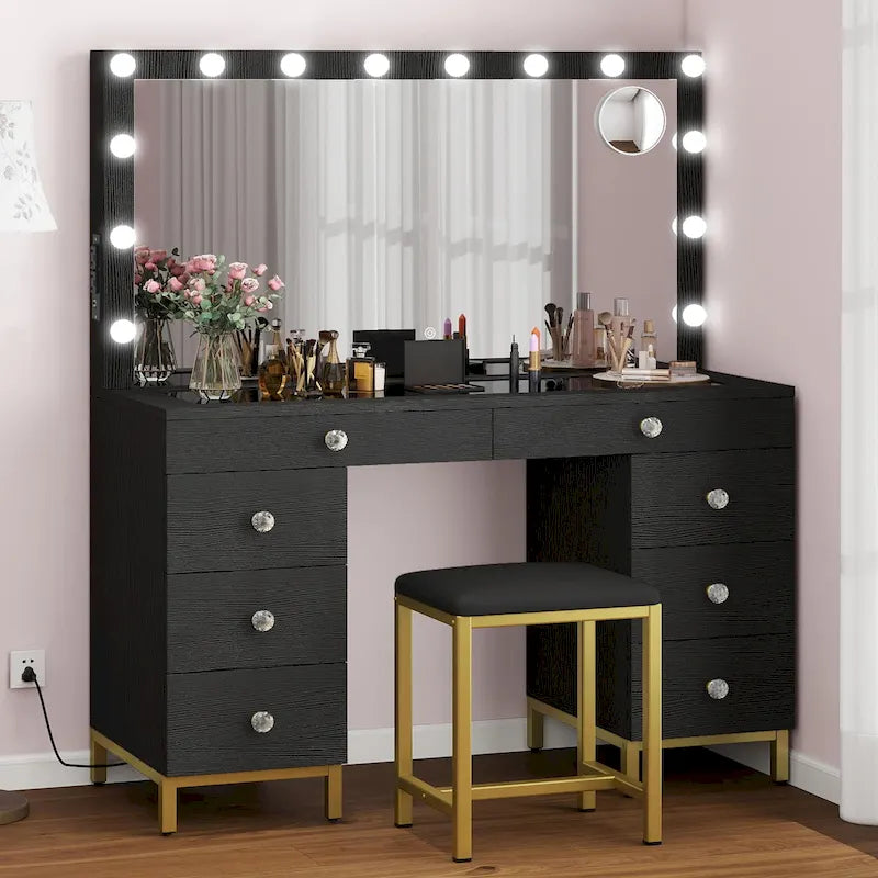 Coiffeuse avec 8 tiroirs, miroir Hollywood lumineux et station de charge