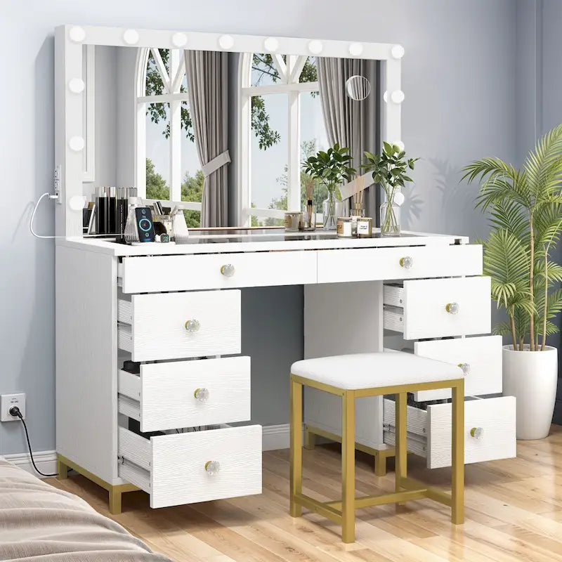 Coiffeuse avec 8 tiroirs, miroir Hollywood lumineux et station de charge