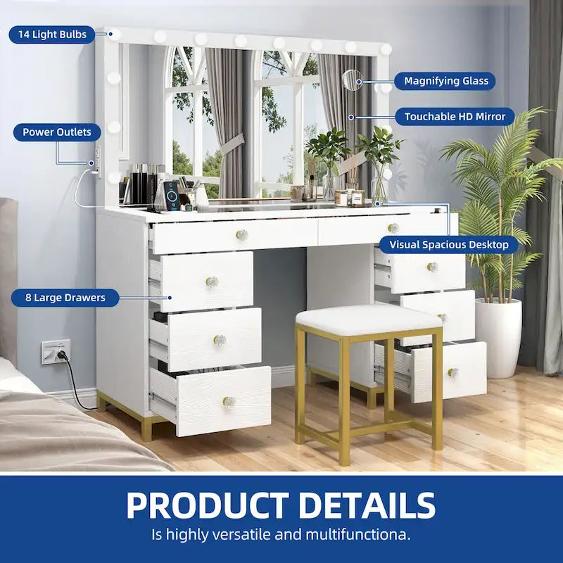 Coiffeuse avec 8 tiroirs, miroir Hollywood lumineux et station de charge