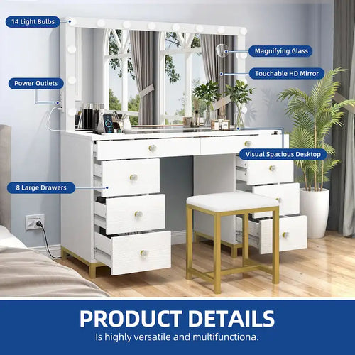 Coiffeuse avec 8 tiroirs, miroir Hollywood lumineux et station de charge