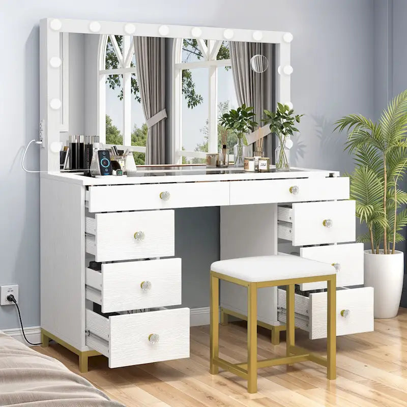 Coiffeuse avec 8 tiroirs, miroir Hollywood lumineux et station de charge