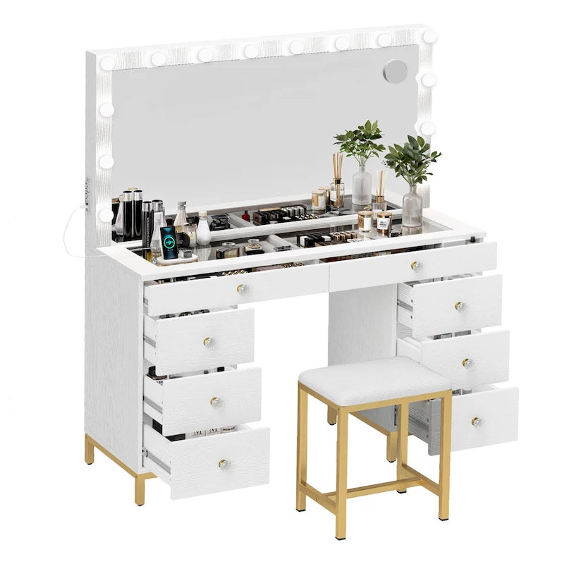 Coiffeuse avec 8 tiroirs, miroir Hollywood lumineux et station de charge