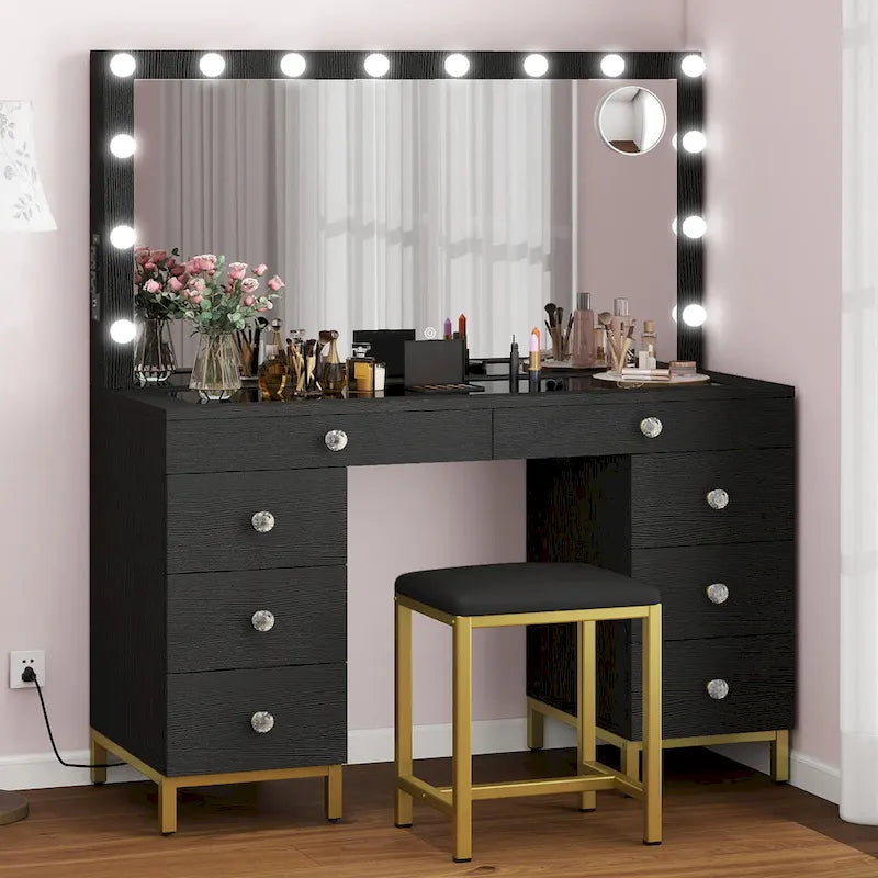 Coiffeuse avec 8 tiroirs, miroir Hollywood lumineux et station de charge