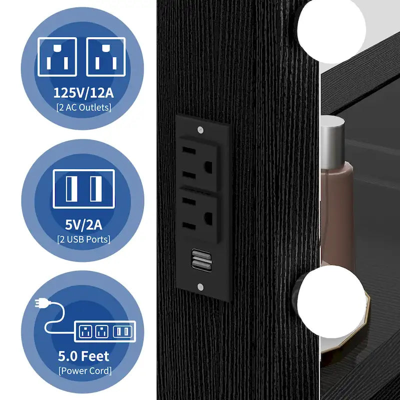 Coiffeuse avec 8 tiroirs, miroir Hollywood lumineux et station de charge