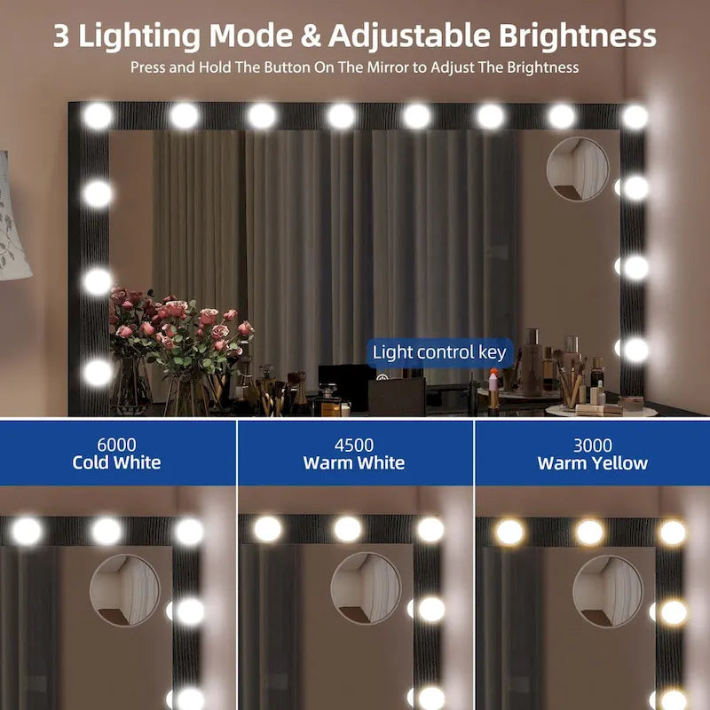 Coiffeuse avec 8 tiroirs, miroir Hollywood lumineux et station de charge
