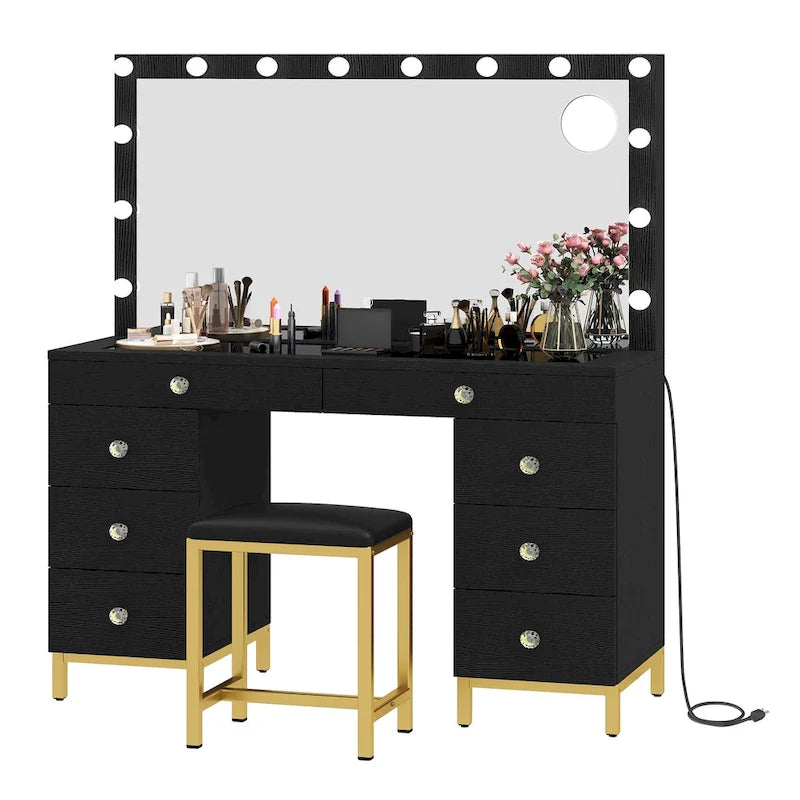 Coiffeuse avec 8 tiroirs, miroir Hollywood lumineux et station de charge