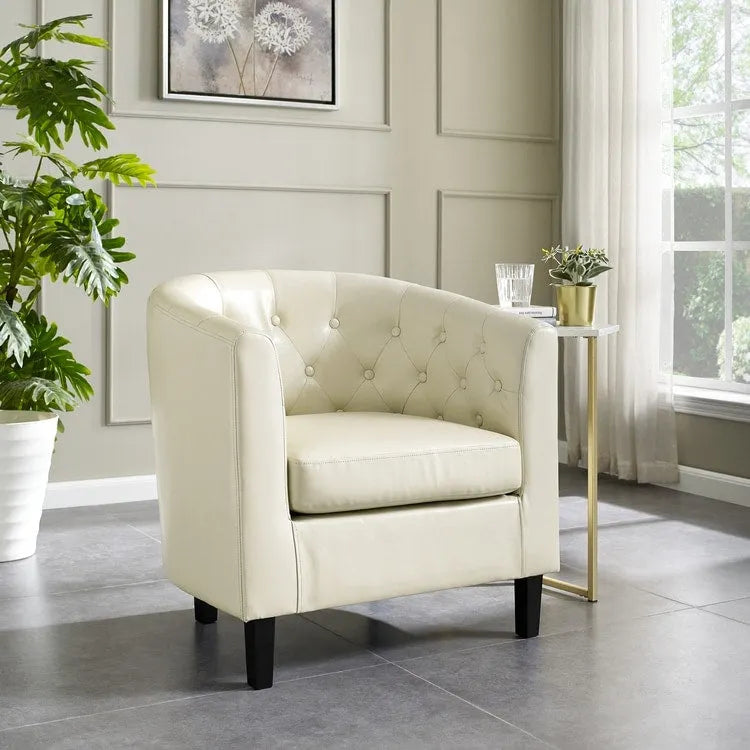 Accent Chair, Button Tufted Faux Leather Barrel Chair, Midcentury Modern Accent Chair, Comfy Armchair, Tub Barrel Chairs
