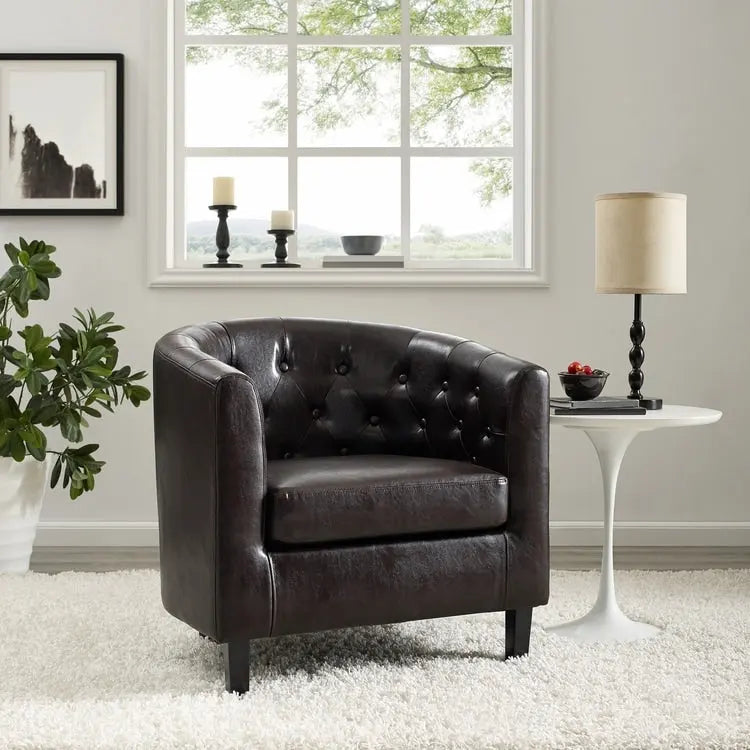 Accent Chair, Button Tufted Faux Leather Barrel Chair, Midcentury Modern Accent Chair, Comfy Armchair, Tub Barrel Chairs
