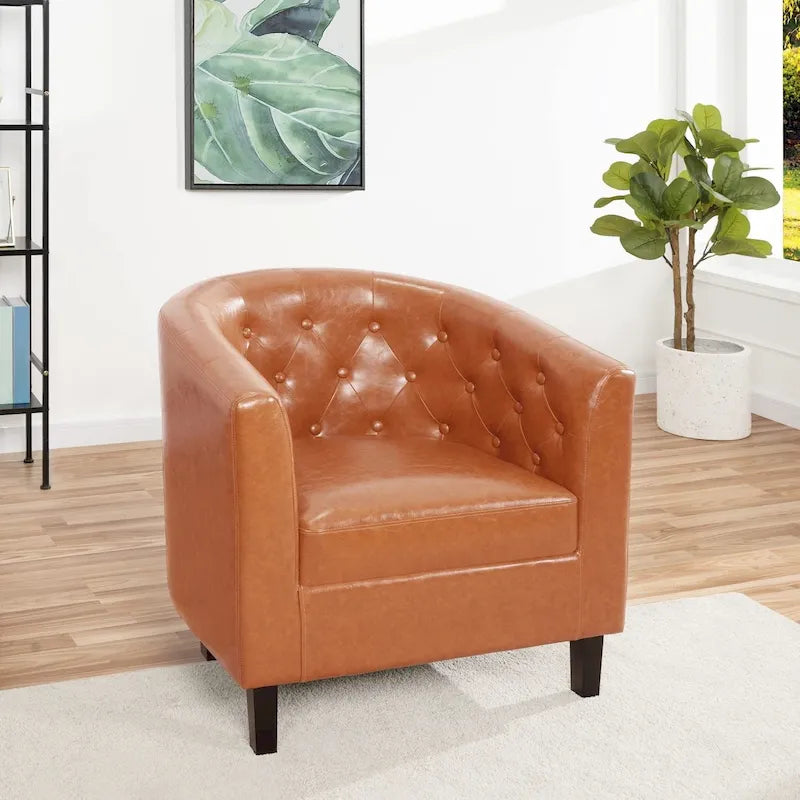 Accent Chair, Button Tufted Faux Leather Barrel Chair, Midcentury Modern Accent Chair, Comfy Armchair, Tub Barrel Chairs