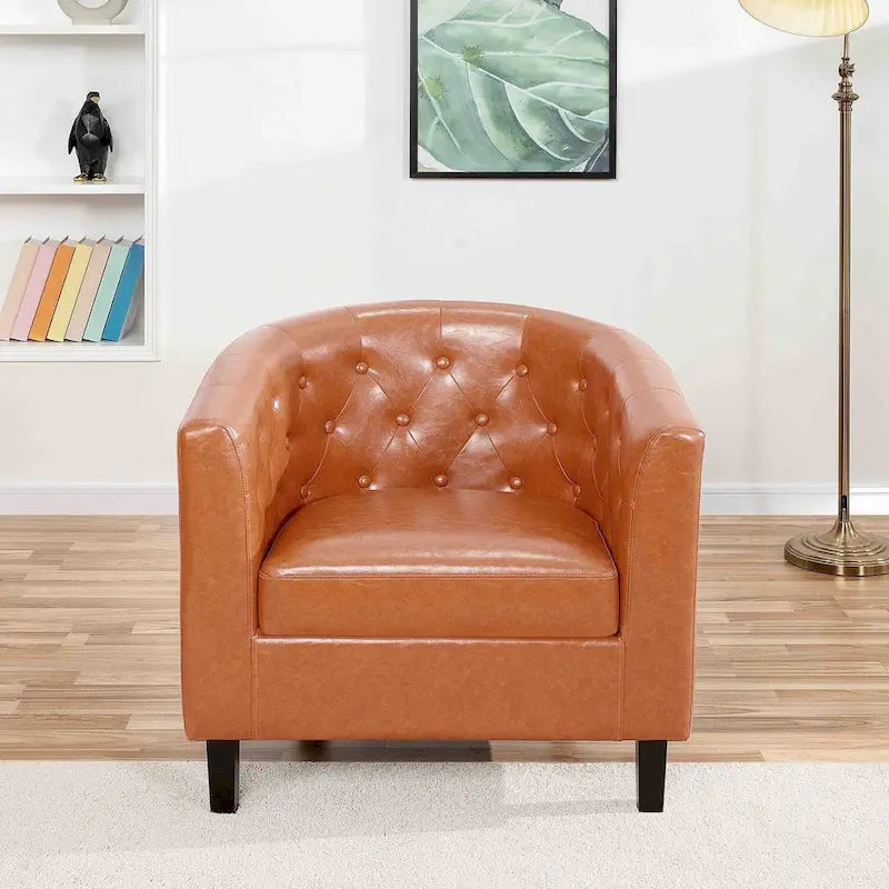 Fauteuil d'appoint, Fauteuil club en similicuir capitonné, Fauteuil d'appoint moderne du milieu du siècle, Fauteuil confortable, Fauteuils club en forme de tonneau