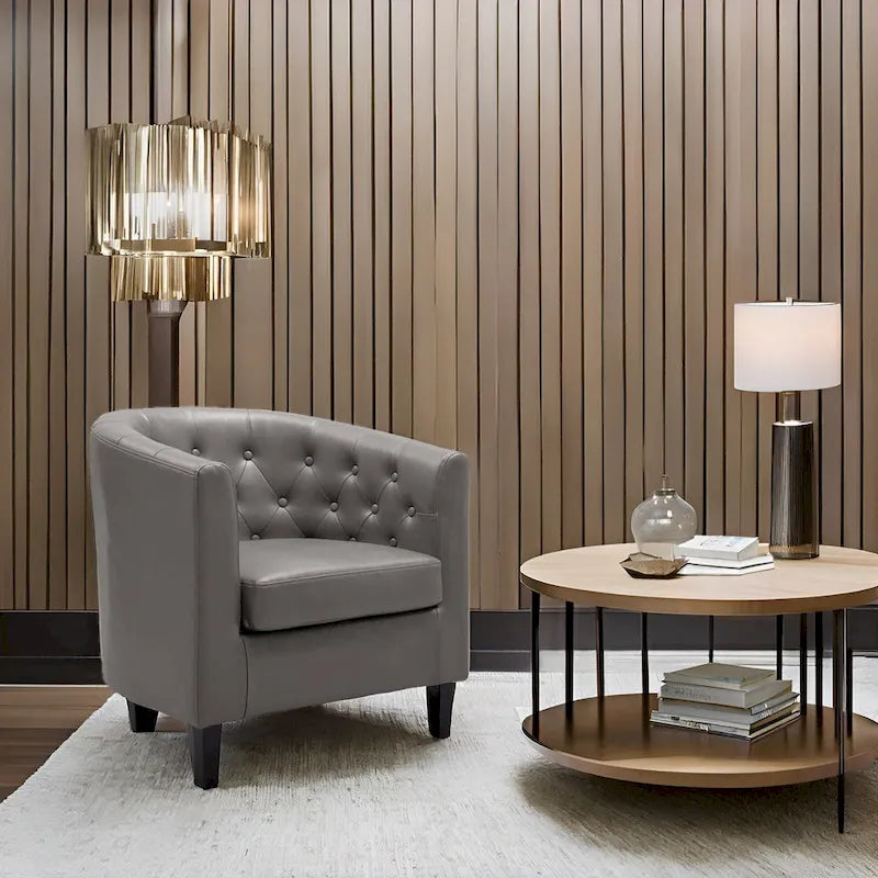 Fauteuil d'appoint, Fauteuil club en similicuir capitonné, Fauteuil d'appoint moderne du milieu du siècle, Fauteuil confortable, Fauteuils club en forme de tonneau