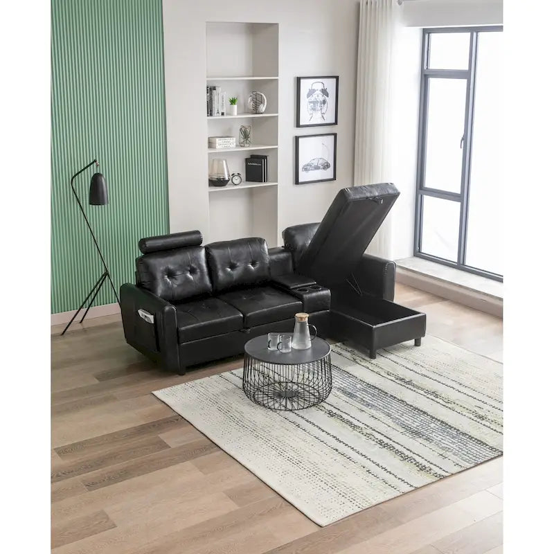 Canapé convertible d'angle capitonné en velours/PU/tissu avec rangement