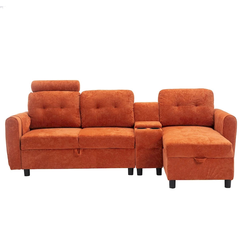 Canapé convertible d'angle capitonné en velours/PU/tissu avec rangement