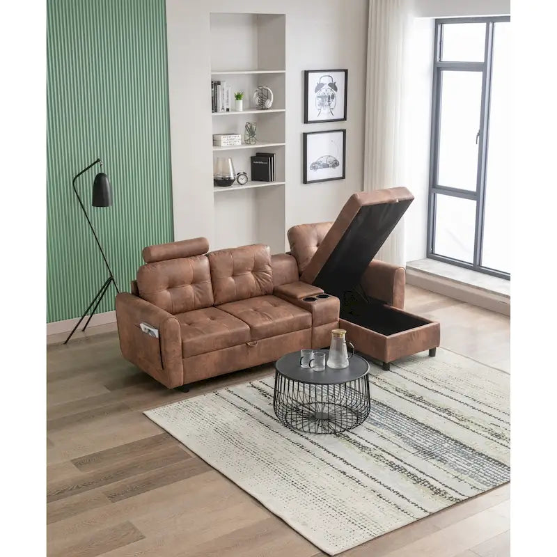 Canapé convertible d'angle capitonné en velours/PU/tissu avec rangement