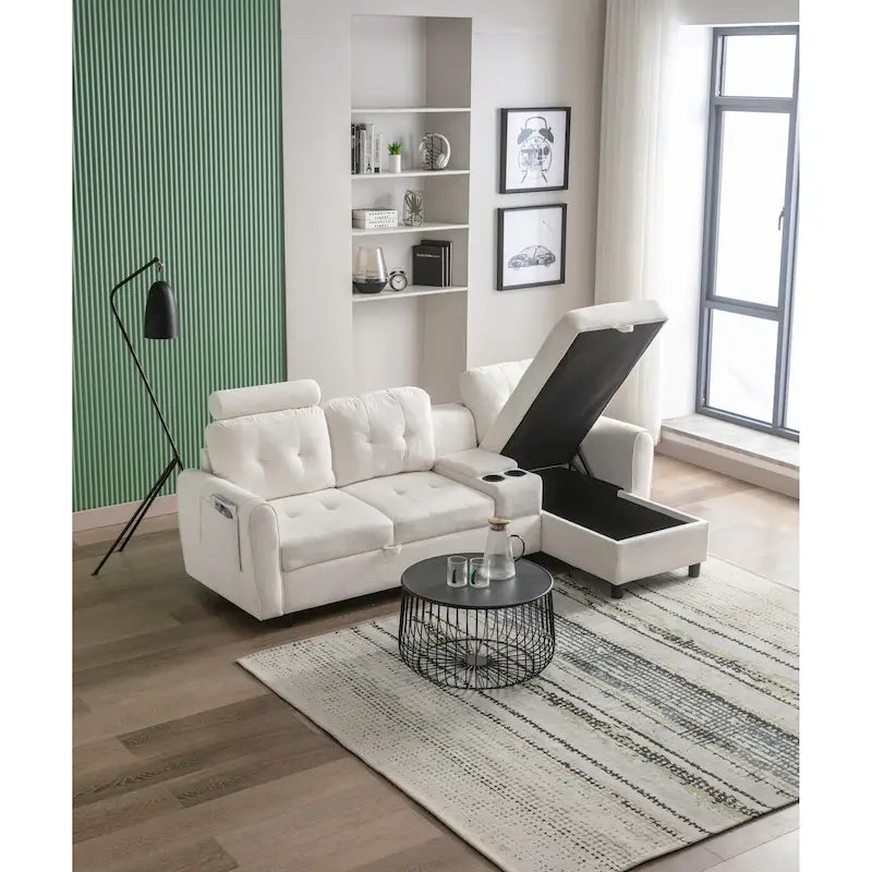 Canapé convertible d'angle capitonné en velours/PU/tissu avec rangement