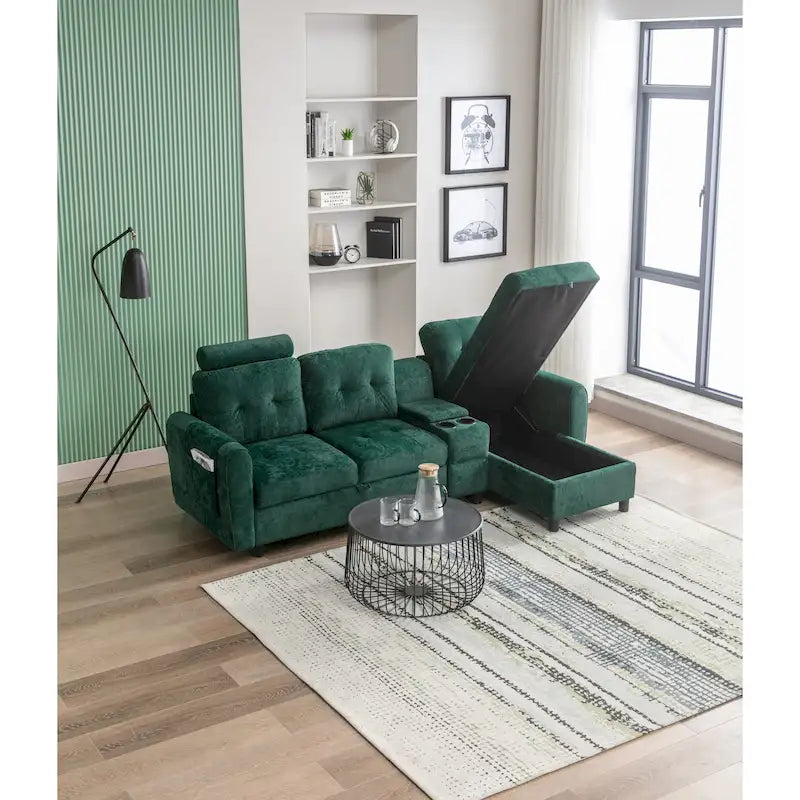 Canapé convertible d'angle capitonné en velours/PU/tissu avec rangement