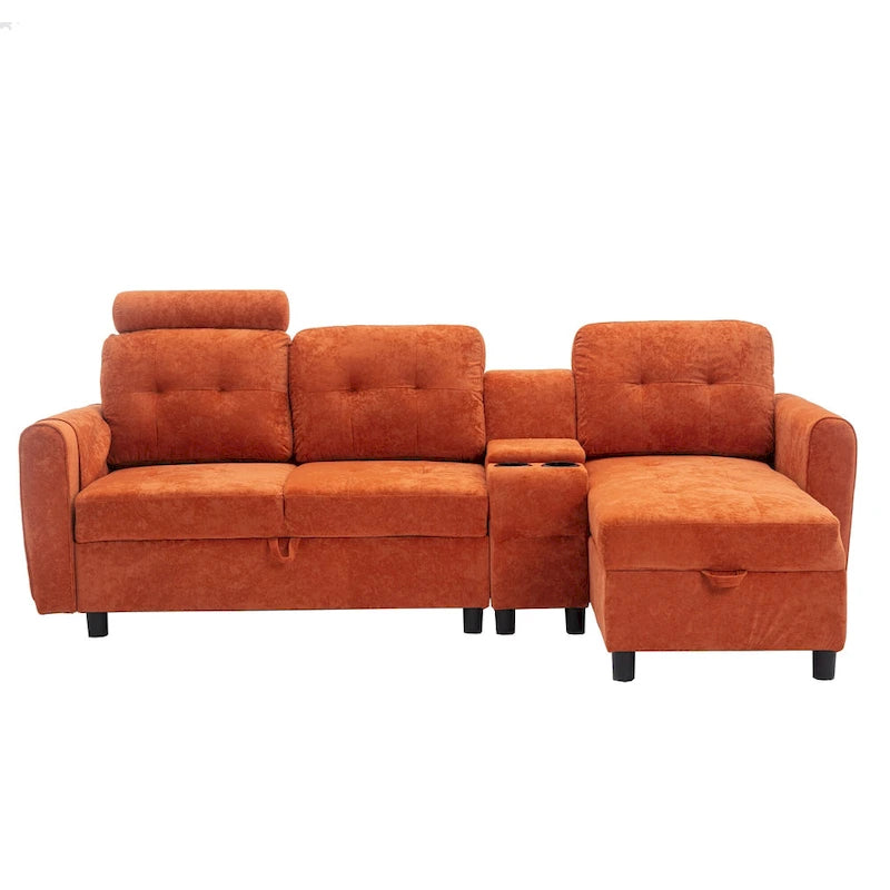 Canapé convertible d'angle capitonné en velours/PU/tissu avec rangement