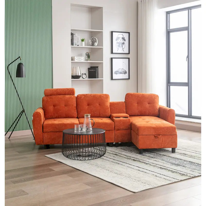 Canapé convertible d'angle capitonné en velours/PU/tissu avec rangement