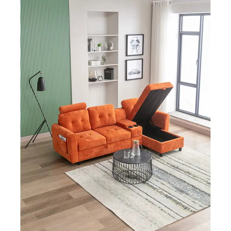 Canapé convertible d'angle capitonné en velours/PU/tissu avec rangement