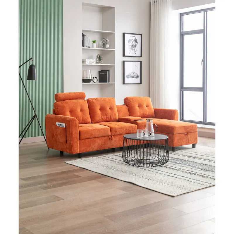 Canapé convertible d'angle capitonné en velours/PU/tissu avec rangement