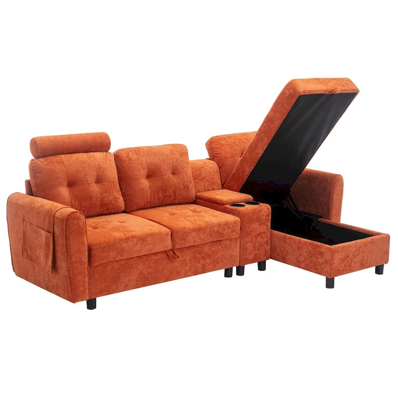 Canapé convertible d'angle capitonné en velours/PU/tissu avec rangement