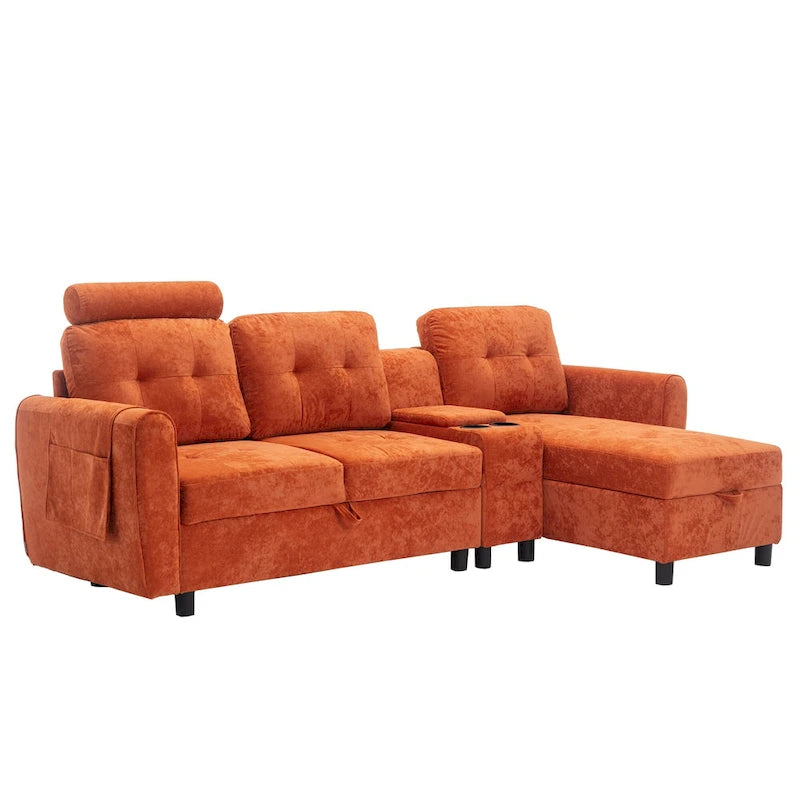 Canapé convertible d'angle capitonné en velours/PU/tissu avec rangement