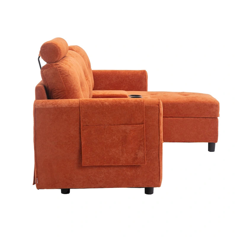 Canapé convertible d'angle capitonné en velours/PU/tissu avec rangement