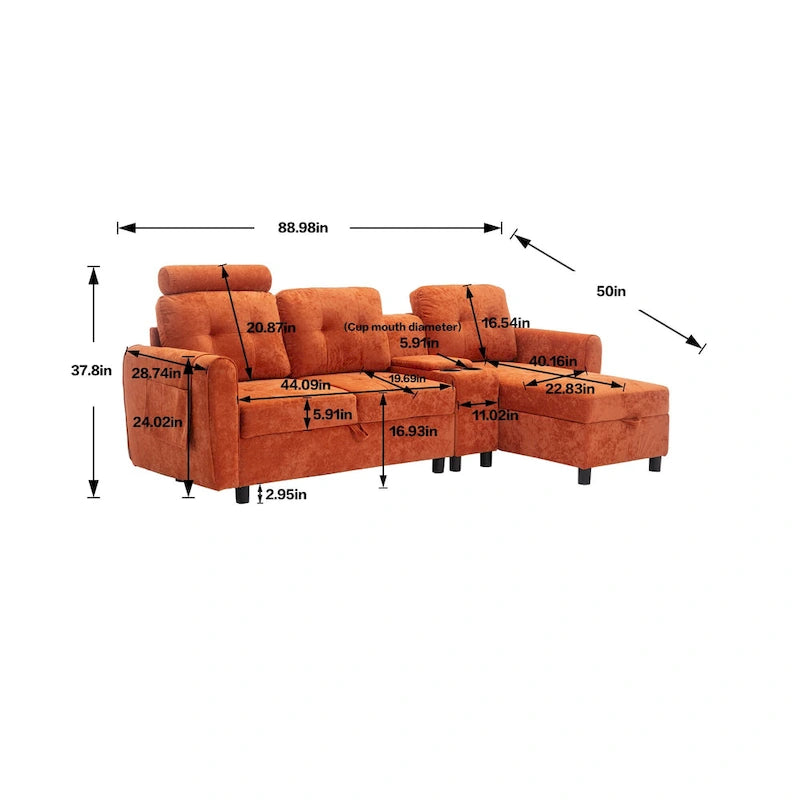 Canapé convertible d'angle capitonné en velours/PU/tissu avec rangement