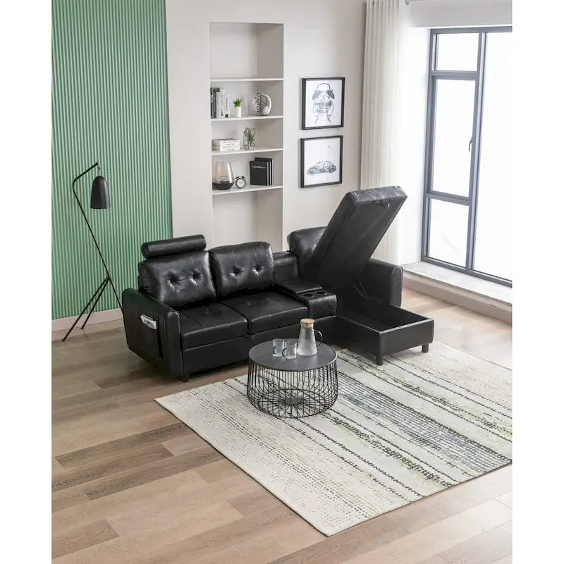 Canapé convertible d'angle capitonné en velours/PU/tissu avec rangement