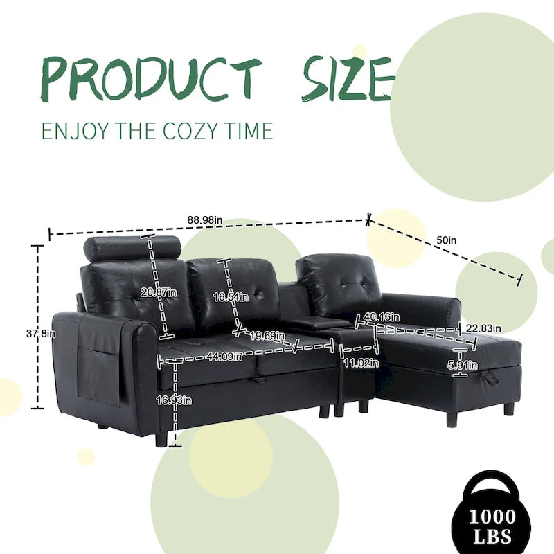 Canapé convertible d'angle capitonné en velours/PU/tissu avec rangement