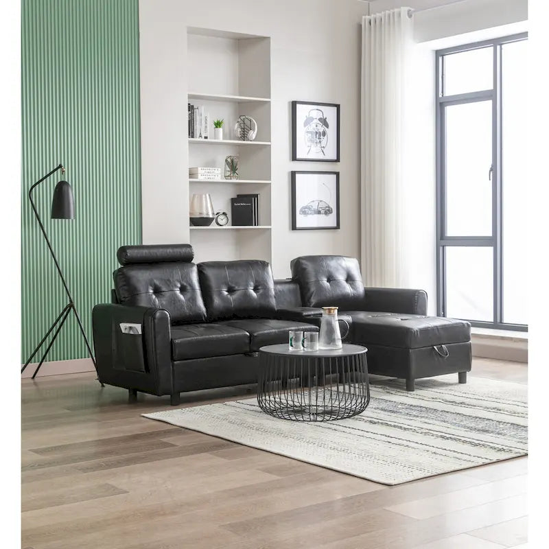 Canapé convertible d'angle capitonné en velours/PU/tissu avec rangement