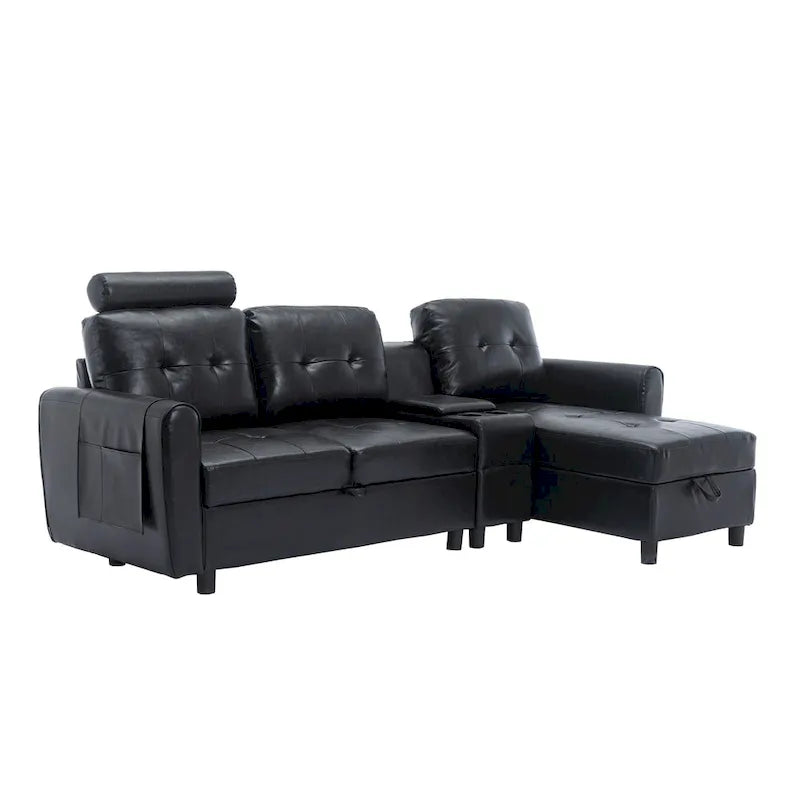 Canapé convertible d'angle capitonné en velours/PU/tissu avec rangement