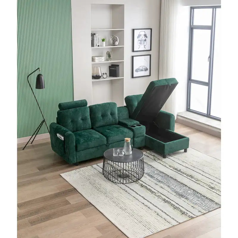 Canapé convertible d'angle capitonné en velours/PU/tissu avec rangement
