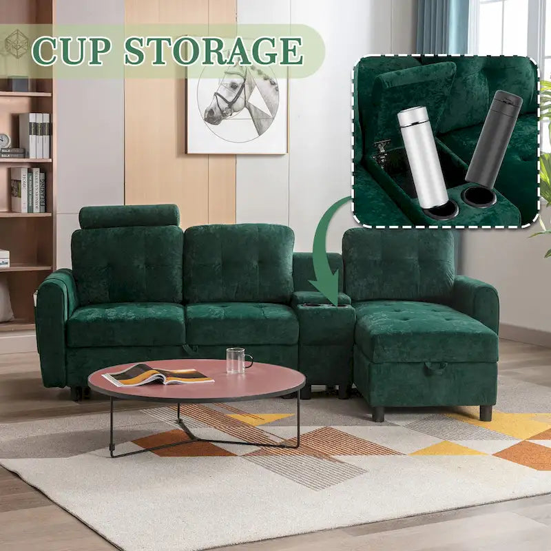 Canapé convertible d'angle capitonné en velours/PU/tissu avec rangement