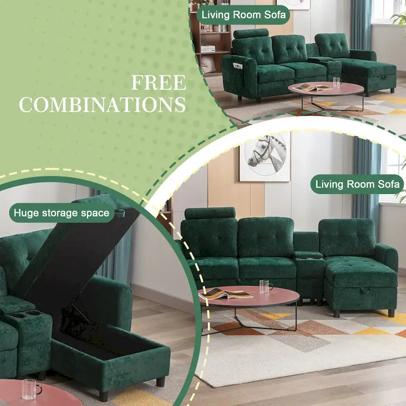 Canapé convertible d'angle capitonné en velours/PU/tissu avec rangement