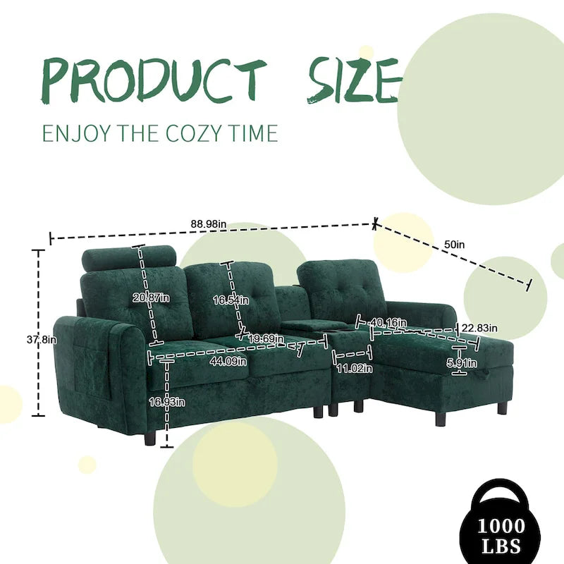 Canapé convertible d'angle capitonné en velours/PU/tissu avec rangement