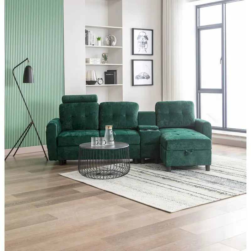 Canapé convertible d'angle capitonné en velours/PU/tissu avec rangement