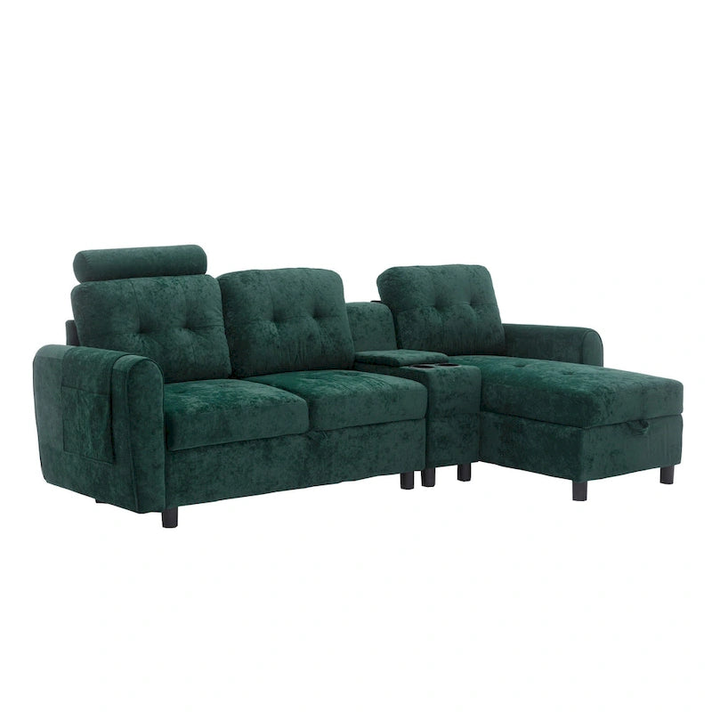 Canapé convertible d'angle capitonné en velours/PU/tissu avec rangement