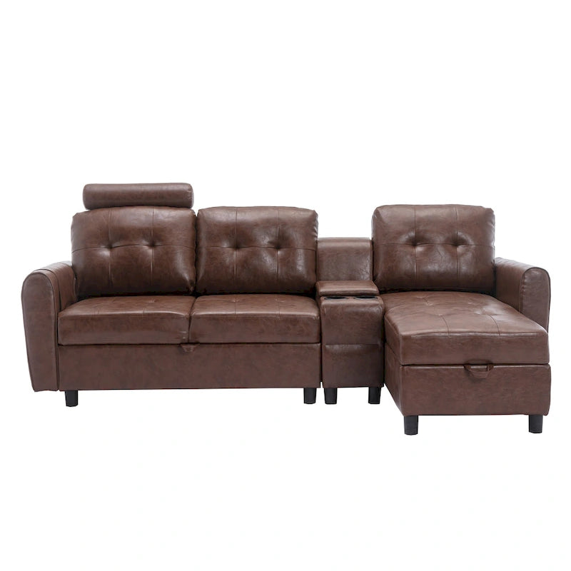 Canapé convertible d'angle capitonné en velours/PU/tissu avec rangement