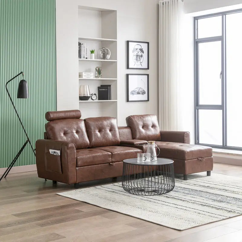Canapé convertible d'angle capitonné en velours/PU/tissu avec rangement