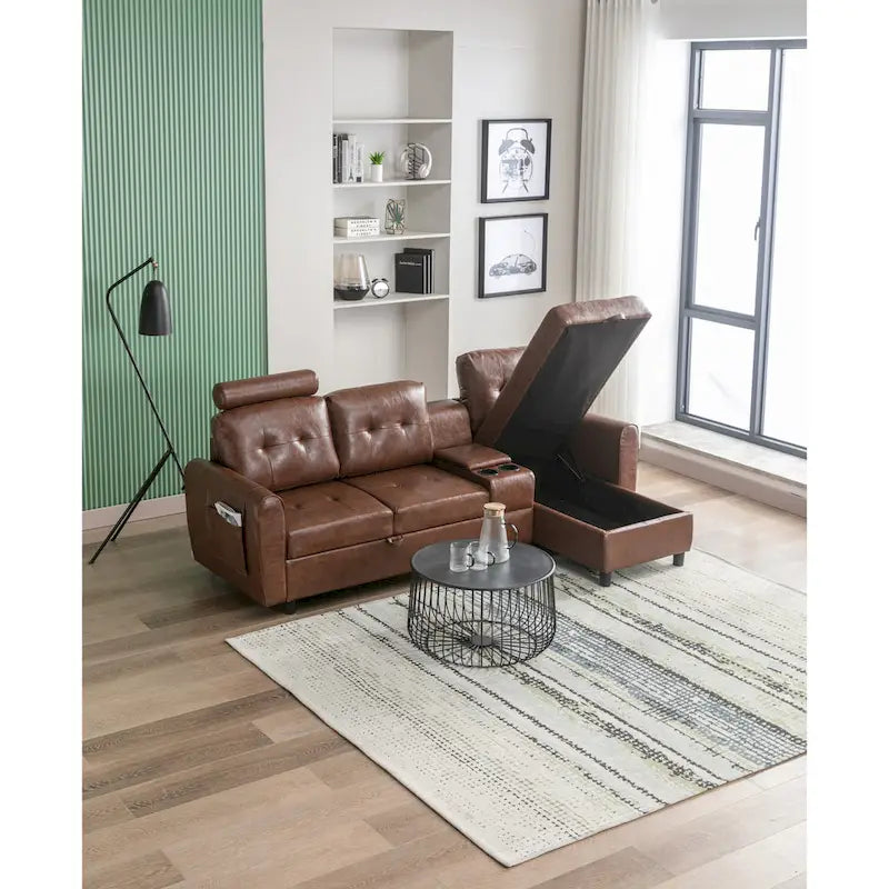 Canapé convertible d'angle capitonné en velours/PU/tissu avec rangement