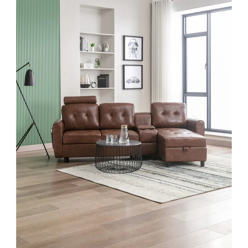 Canapé convertible d'angle capitonné en velours/PU/tissu avec rangement