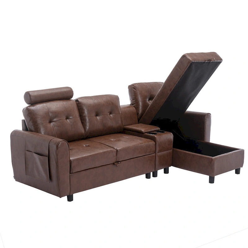 Canapé convertible d'angle capitonné en velours/PU/tissu avec rangement