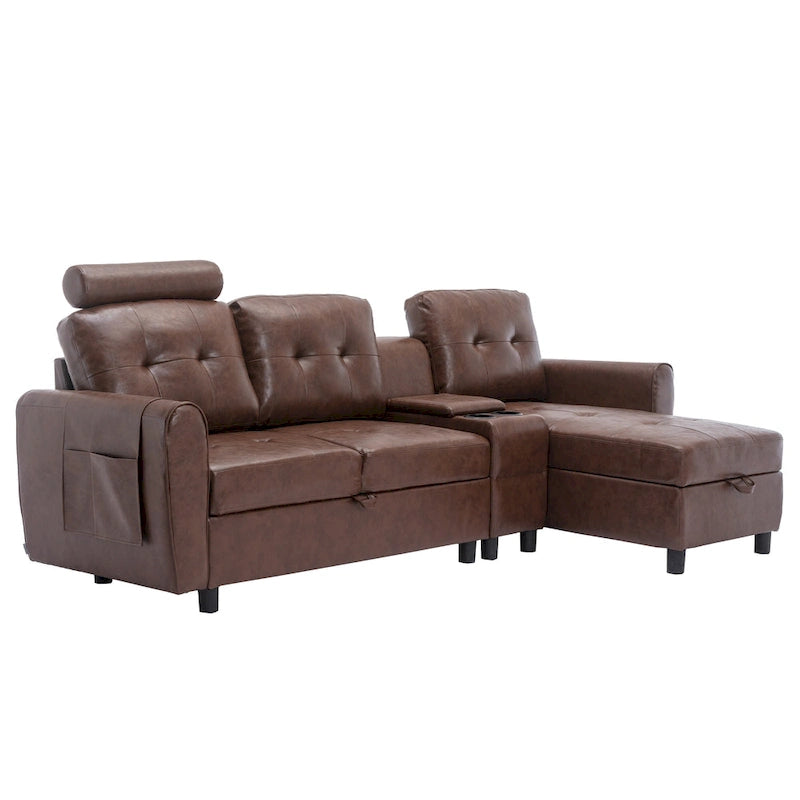 Canapé convertible d'angle capitonné en velours/PU/tissu avec rangement